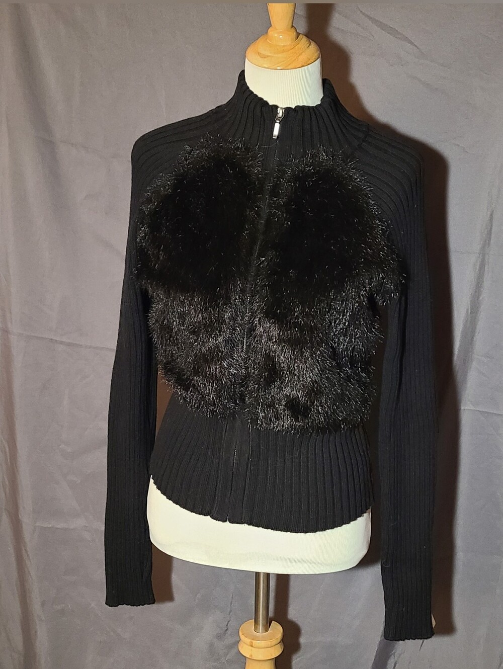 Relativity Black Ribbed Zip-Up Cardigan with Faux Fur Front